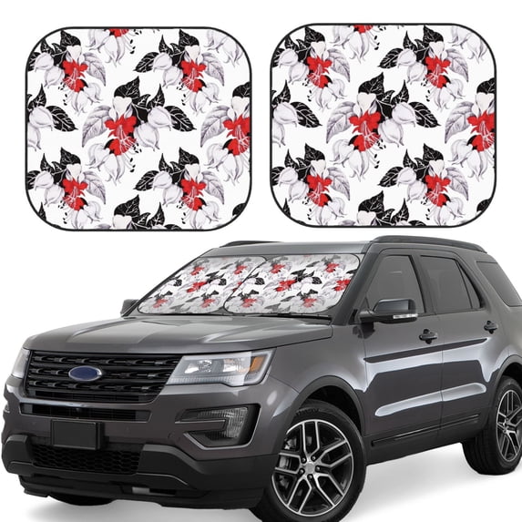 Windshield Sun Shade, Red White Flowers Black Foldable Car Sun Shade Windshield For Front, 2 Pieces