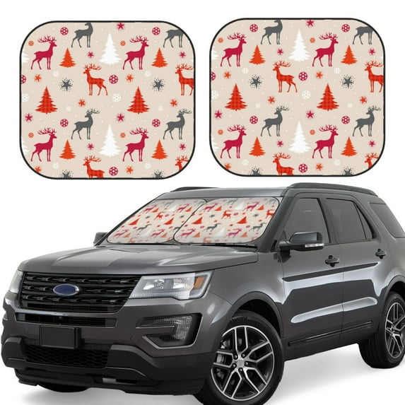 Windshield Sun Shade, Simple Painted Deer Trees Stars Foldable Car Sun Shade Windshield For Front, 2 Pieces