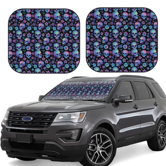 Windshield Sun Shade, Skull Pink Flower Blue Foldable Car Sun Shade Windshield For Front, 2 Pieces