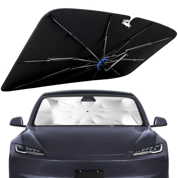 Windshield Sun Shade for Tesla Model 3 2018-2026 with 360° Rotating Shaft, Custom Fit Umbrella Sunshade for UV Blocking, Interior Heat Protection, Easy Storage