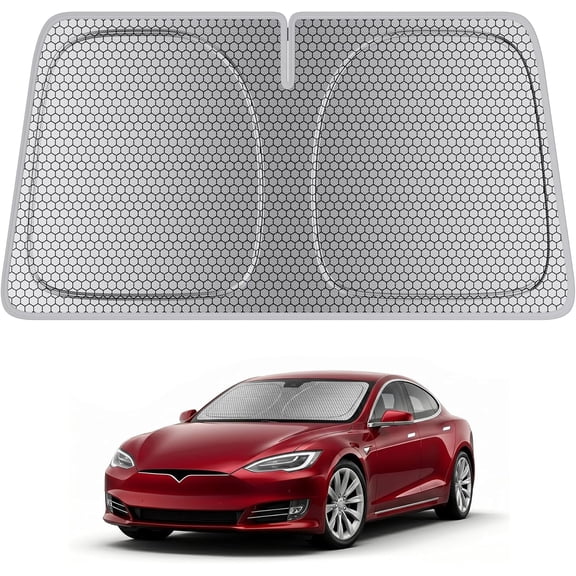 Windshield Sun Shade for Tesla Model S & Model X 2016-2026 Graphene Honeycomb Heat Shield with UV Protection Foldable Custom Fit Front Window Sunshade Silver 58" x 41"
