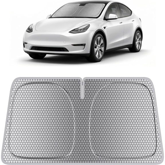 Windshield Sun Shade for Tesla Model Y & Model 3 2017-2026 Honeycomb Thermal Heat Shield UV Protection Foldable Custom Fit Front Window Sunshade Silver 56" x 37"