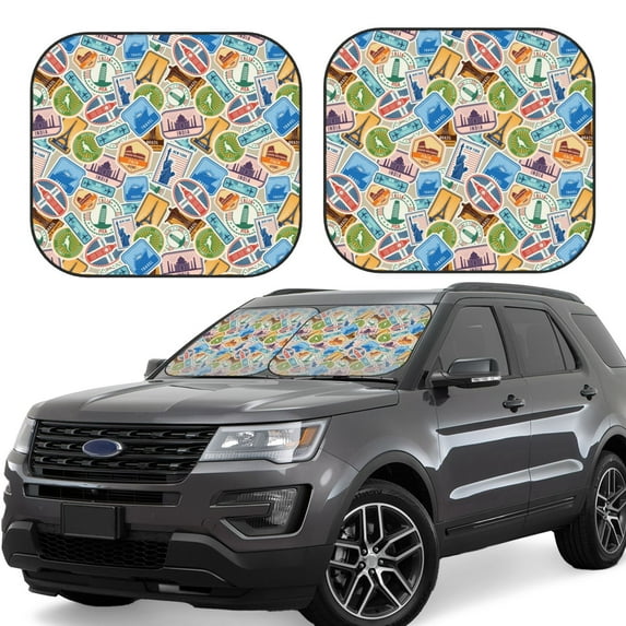Windshield Sun Shade, Travel Stamp Print Foldable Car Sun Shade Windshield For Front, 2 Pieces