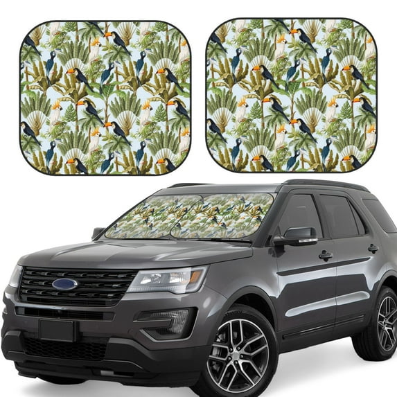 Windshield Sun Shade, Tropical Cute Parrot Toucan Foldable Car Sun Shade Windshield For Front, 2 Pieces