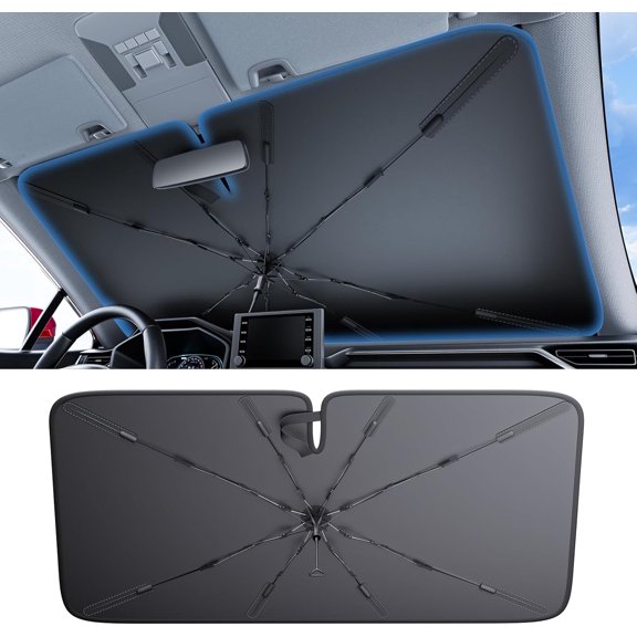 Windshield Sun Shade Umbrella, 100% Block, 5th-Gen Ice-Shield Cooling Tech, Reflective Heat Insulation, Portable & Foldable Front Window Sunshade Universal Fit Truck/MPVs/Vans - XL: 61"x39"