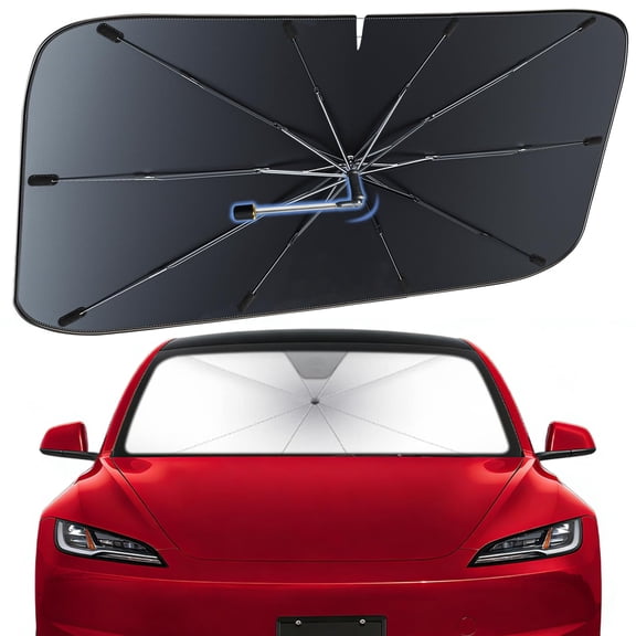 Windshield Sun Shade Umbrella for Tesla Model 3 2018-2026 – Nano-Coated Heat-Reflective Front Window Shade, Umbrella Sunshade Cover Blocks Heat, Protects Interior, Vehicle-Specific Precision Fit
