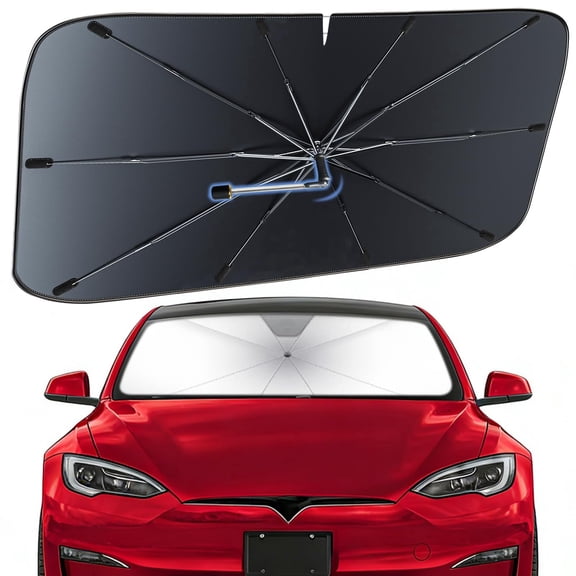 Windshield Sun Shade Umbrella for Tesla Model S 2012-2026 – Nano-Coated Heat-Reflective Front Window Shade, Umbrella Sunshade Cover Blocks Heat, Protects Interior, Vehicle-Specific Precision Fit