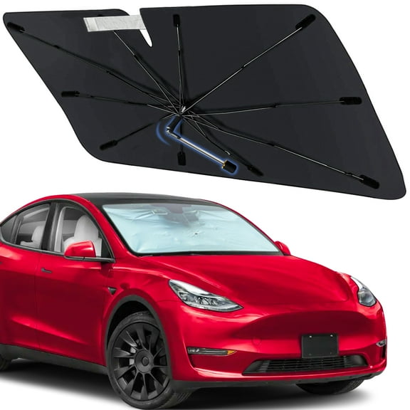 Windshield Sun Shade Umbrella for Tesla Model Y 2020-2026, Foldable Car Sunshade for Front Window with 360 Rotating Shaft, Custom-Fit Parasol para Carro for UV Blocking & Heat Reduction