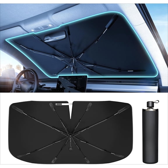 Windshield Sun Shade Umbrella - [Vinyl Coating Heat Shield] Protect Car from Sun Rays & Heat Damage Keep Cool and Protect Interior, Spring Structure Edge Medium 56" L x 31" W