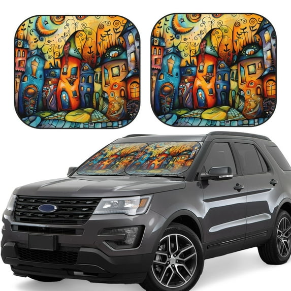 Windshield Sun Shade, Whimsical Colorful Village Street Foldable Car Sun Shade Windshield for Front, 2 Pieces