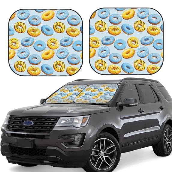 Windshield Sun Shade, Yellow Blue Donut Print Foldable Car Sun Shade Windshield For Front, 2 Pieces