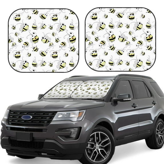 Windshield Sun Shade, cartoon bees funny white cute Foldable Car Sun Shade Windshield for Front, 2 Pieces