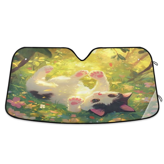 Windshield Sun Shade for Cars, 55"x27.6" Foldable Car Sun Shade with Aluminum Foil Bubble Heat Insulation, UV Protection for Sedan/SUV/Truck,Cute Cat