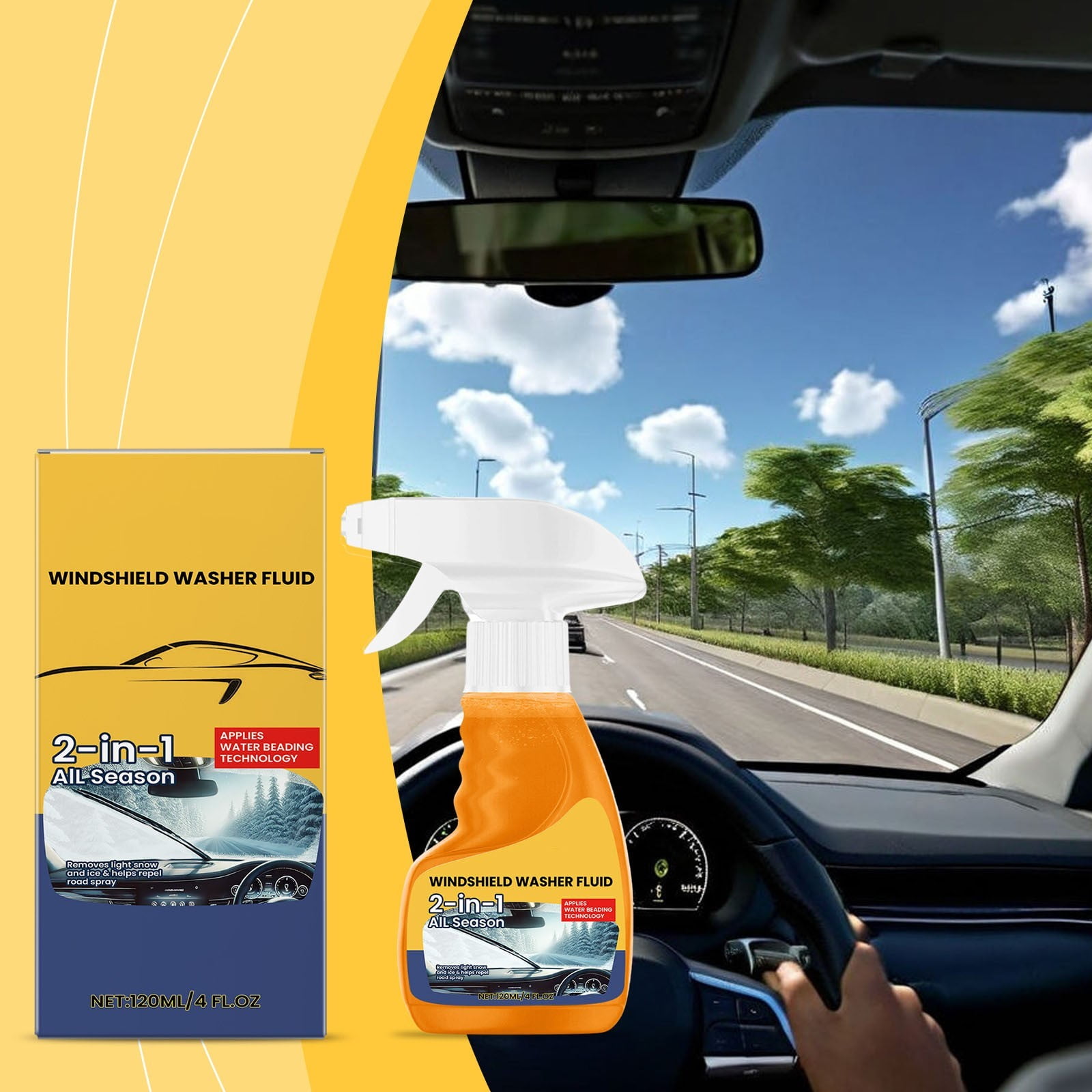 Windshield Washer Fluid, Streak-Free Glass Cleaner with Rain Repellent Technology for All-Season Use, Long-Lasting Water Beading and Enhanced Night Visibility, 120ml Automotive Solution