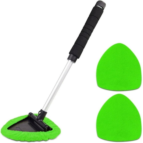 Windshield Window Cleaner Tool,Car Window Cleaner Tool With Handle,Unique Pivoting Triangular Head,3 Washable Reusable Microfiber Bonnets,Car & Home Inside Interior Exterior Use