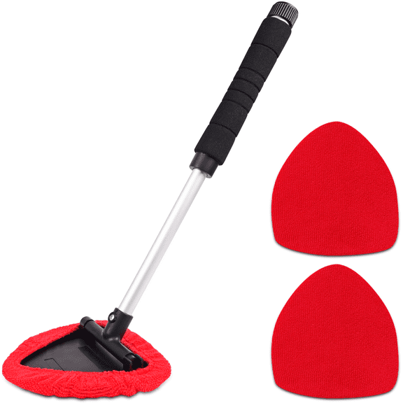 Windshield Window Cleaner Tool, Extendable Long-Reach Handle, Unique Pivoting Triangular Head, 3 Washable Reusable Microfiber Bonnets, Car & Home Inside Interior Exterior Use - Lint Free (Red)