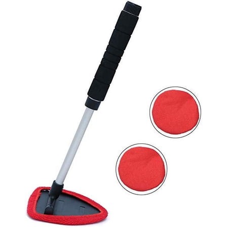 Windshield Window Cleaner Tool, Unbreakable Extendable Long-Reach Handle, Unique Pivoting Triangular Head, 3 Washable Reusable Microfiber Bonnets, Car & Home Inside Interior Exterior Use - Lint Free