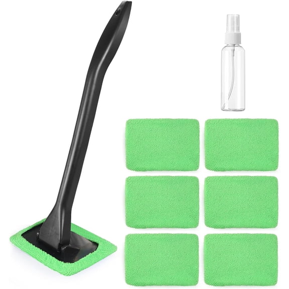 Windshield cleaning tool car window cleaner with 6 washable and reusable microfiber pads and retractable handle automatic inner glass wiping set (green)