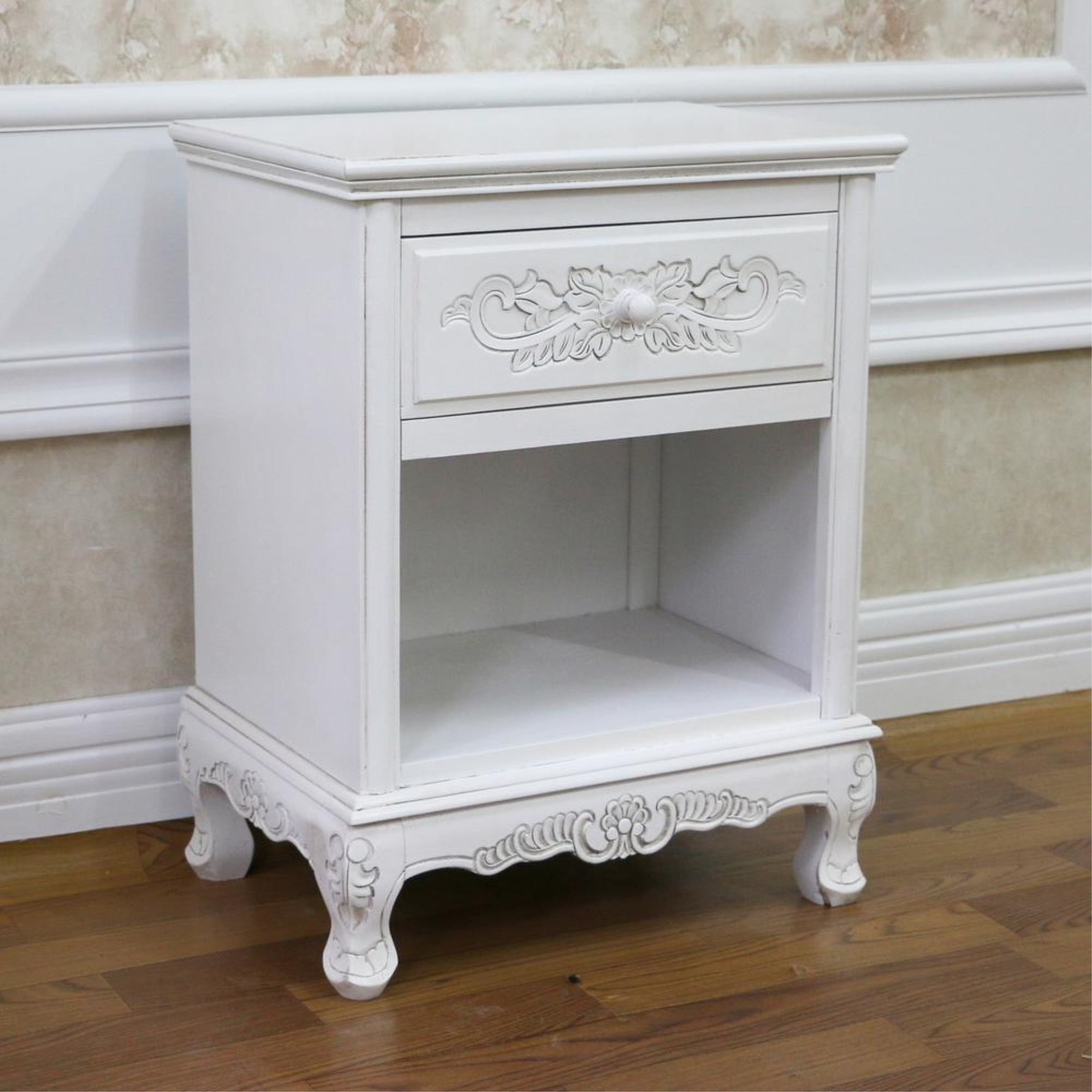 Antique White Hardwood Carved End Table with Storage