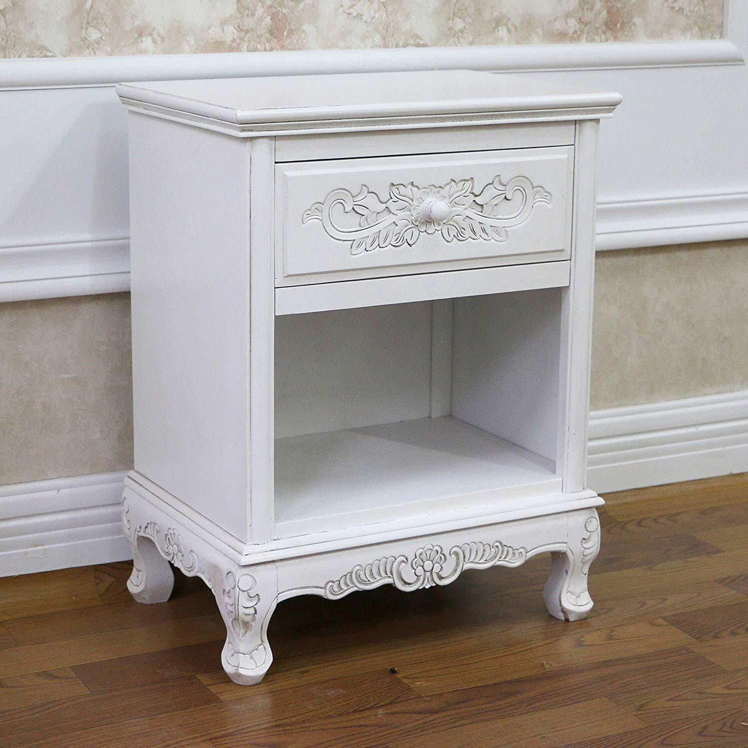 Antique White Hardwood Carved End Table with Storage