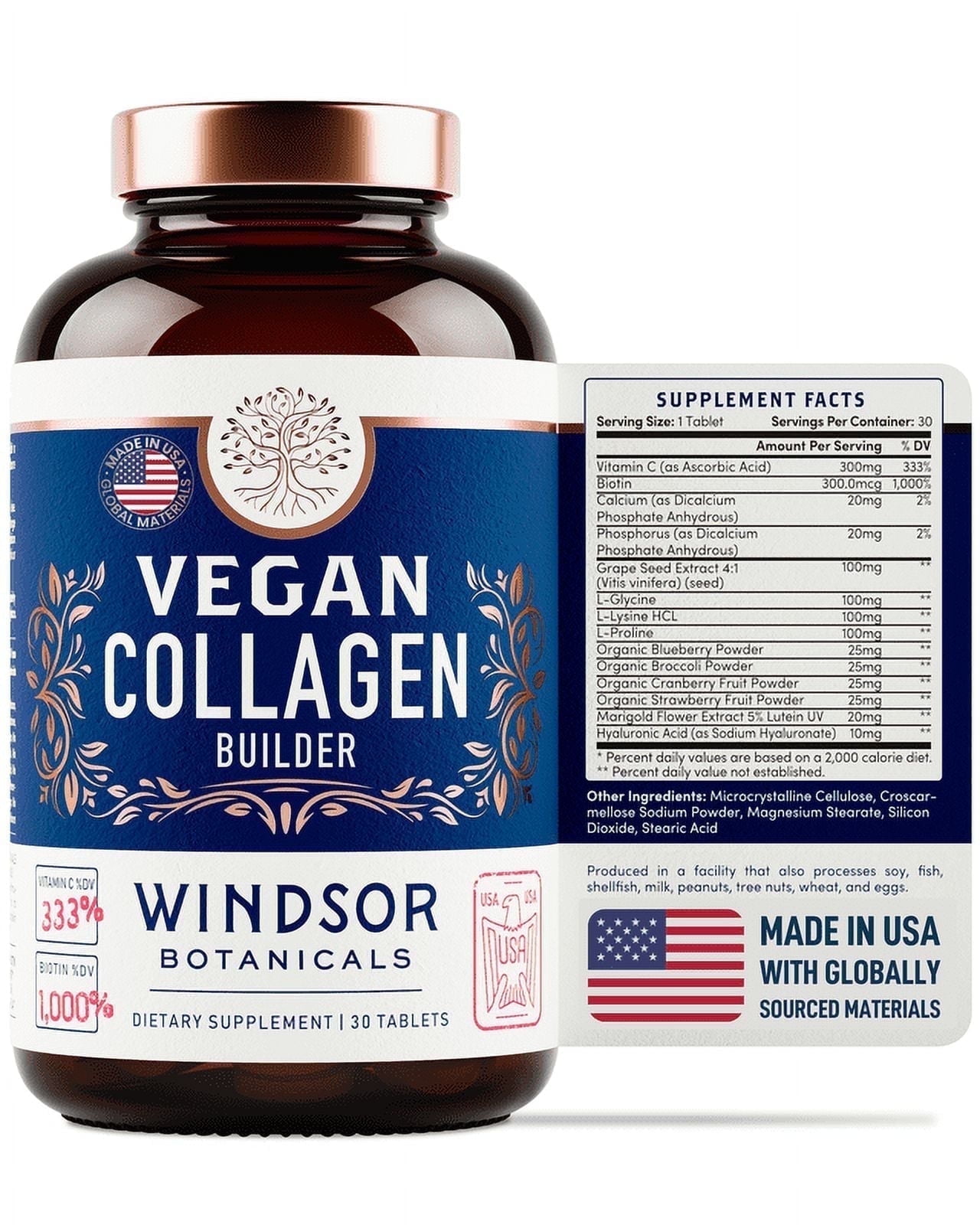 Windsor Botanicals Vegan Collagen Builder for Skin, Hair & Nails - 30 Tabs