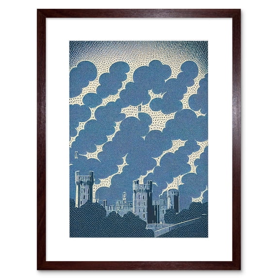 Windsor Castle with Cloudy Sky Lithograph Illustration in Blue Artwork Framed Wall Art Print 9X7 Inch