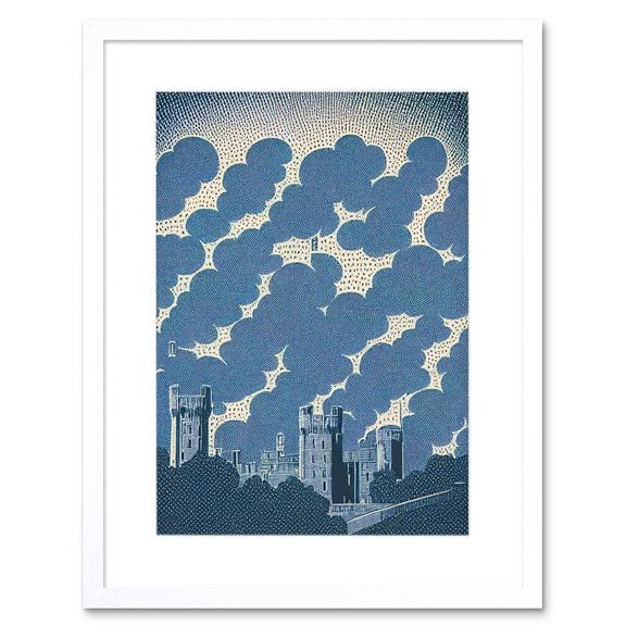 Windsor Castle with Cloudy Sky Lithograph Illustration in Blue Artwork Framed Wall Art Print 9X7 Inch