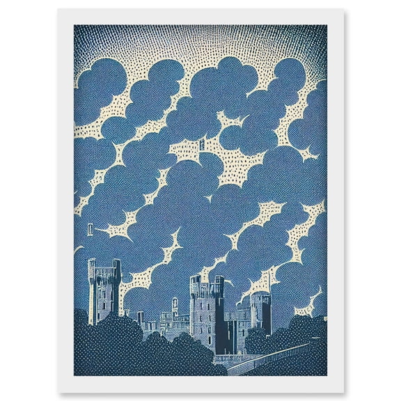 Windsor Castle with Cloudy Sky Lithograph Illustration in Blue Artwork Framed Wall Art Print A4