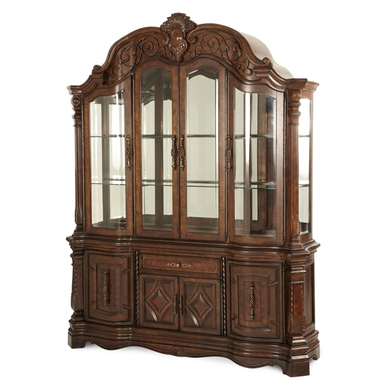 Windsor Court Vintage Brown Lighted China Cabinet with Glass Doors