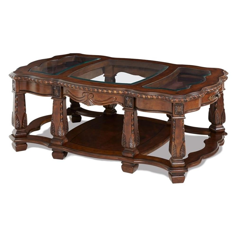 Traditional Windsor Court 54'' Brown Wood and Glass Coffee Table with Storage