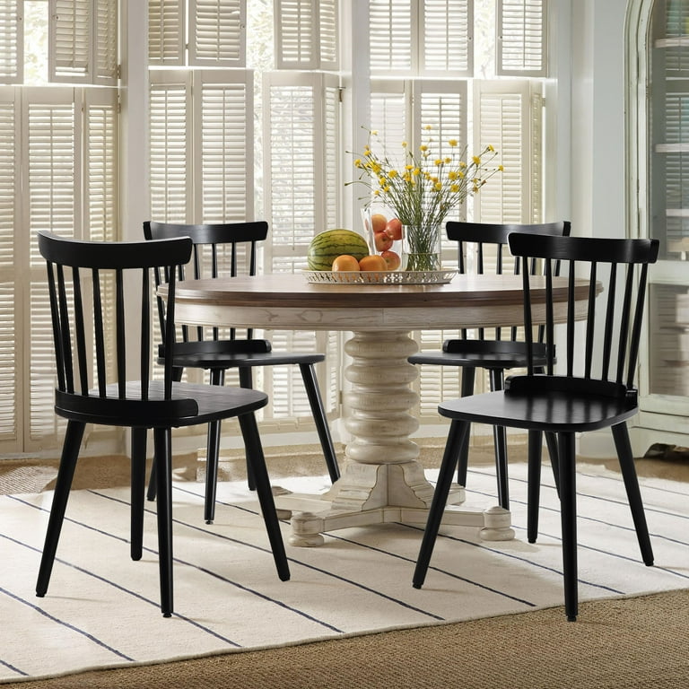 Windsor Dining Chair Set of 4 Farmhouse Solid Wood Spindle Back Side Chair Mid Century Modern Black Armless Kitchen Chair for Dining Living Room