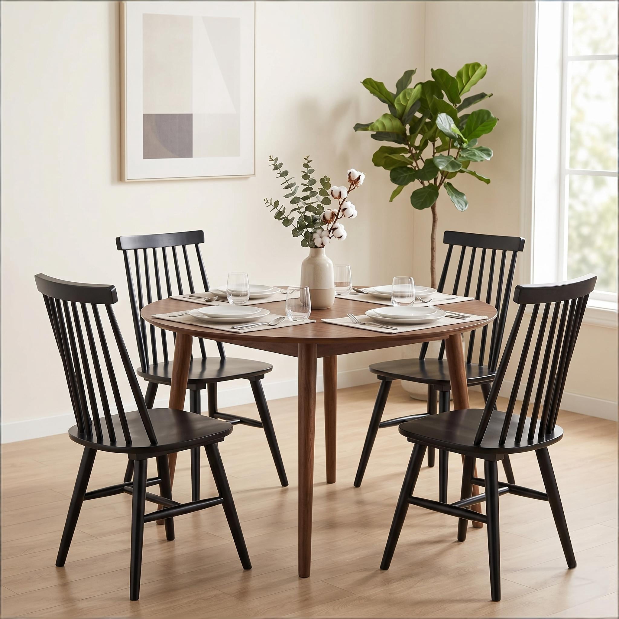 Windsor Dining Chairs Set of 4, Solid Wood Back Kitchen Chairs, Classic Farmhouse Dining Room Chairs for Kitchen, Dining Room, Living Room（Black）