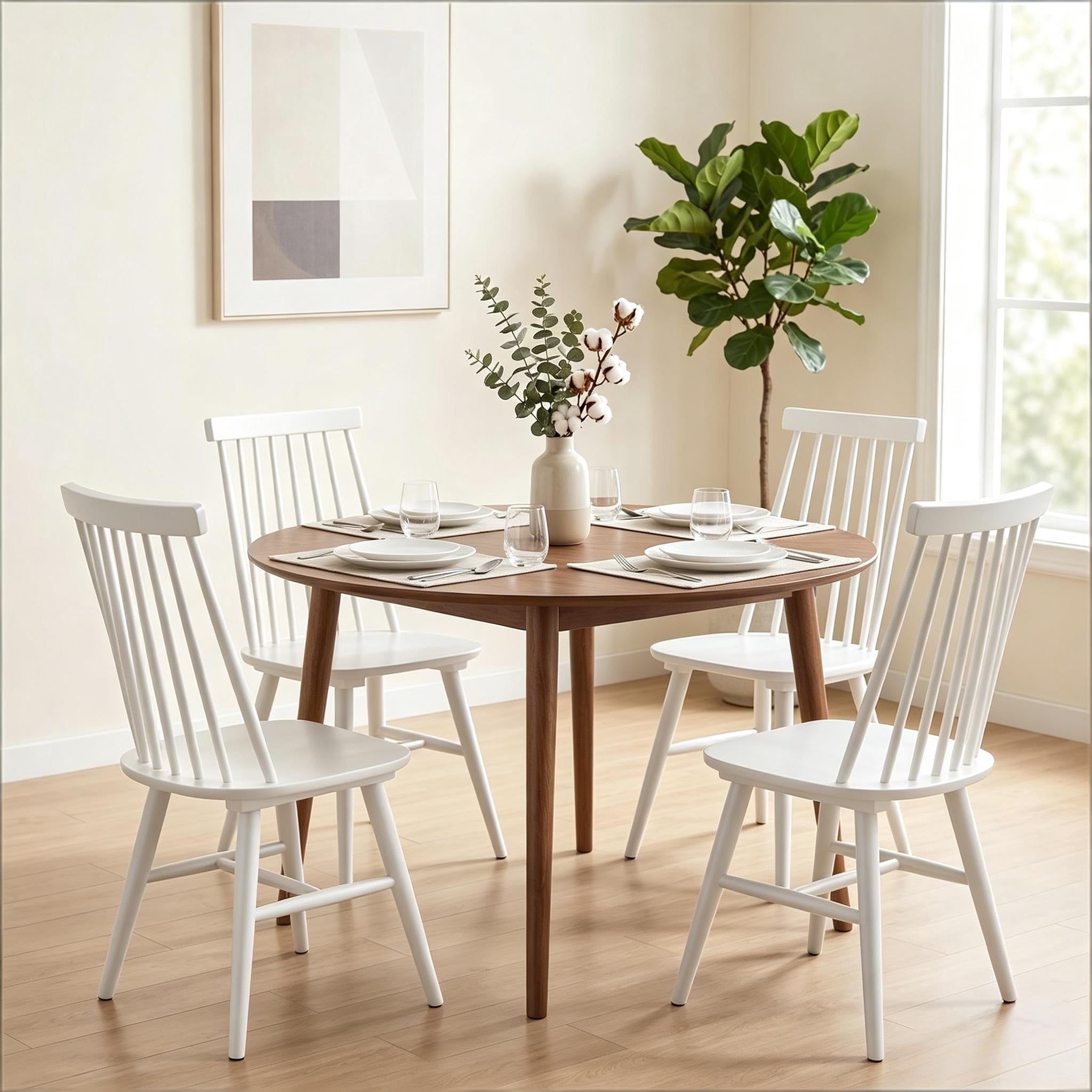 Windsor Dining Chairs Set of 4, Solid Wood Back Kitchen Chairs, Classic Farmhouse Dining Room Chairs for Kitchen, Dining Room, Living Room（White）