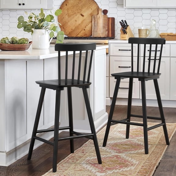 Windsor Wooden Bar Stools Set of 2 for Kitchen Island, Farmhouse 26 Inch Counter Height Stools Chairs with Spindle Back, Black