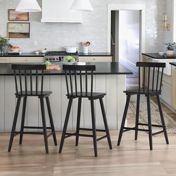 Windsor Wooden Bar Stools Set of 3 for Kitchen Island, Farmhouse 24 Inch Counter Height Stools Chairs with Spindle Back, Black