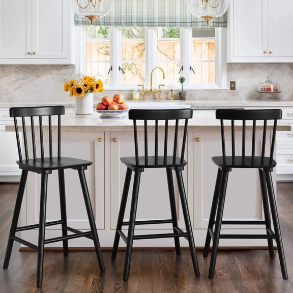 Windsor Wooden Bar Stools Set of 3 for Kitchen Island, Farmhouse 26 Inch Counter Height Stools Chairs with Spindle Back, Black