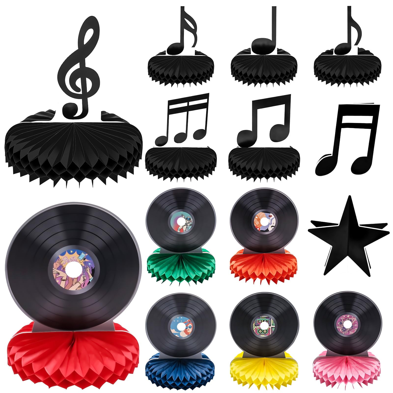 Windspeed Music Note Centerpieces 14 Pack Vinyl Record Honeycomb Centerpieces for 90s 70s 50s Music Themed Party Decorations Rock and Roll Party Decorations for Birthday Baby Shower C56