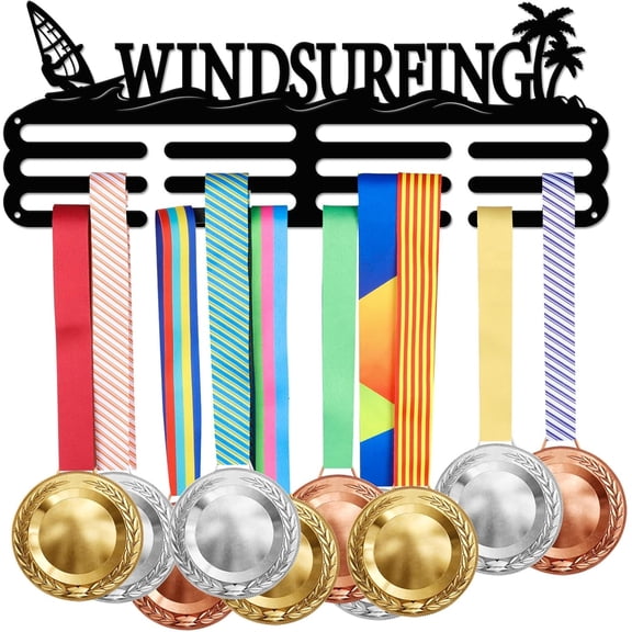 Windsurfing Medal Hanger Display Man Sports Water Medal Display Rack for 60+ Medals Trophy Holder Awards Ribbon Holder Display Wall Hanging Athlete Gift Black