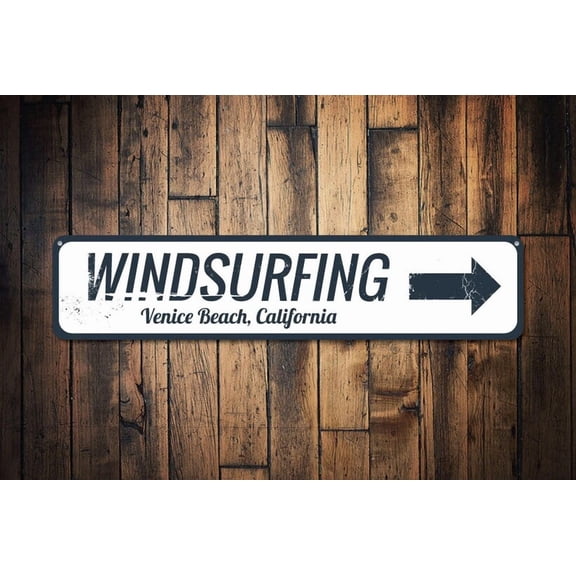 Windsurfing Sign Beach Location Sign Metal Directional Arrow Sign Custom Beach House Decor - Wind Surfer - Size: 16 x 4 Inches