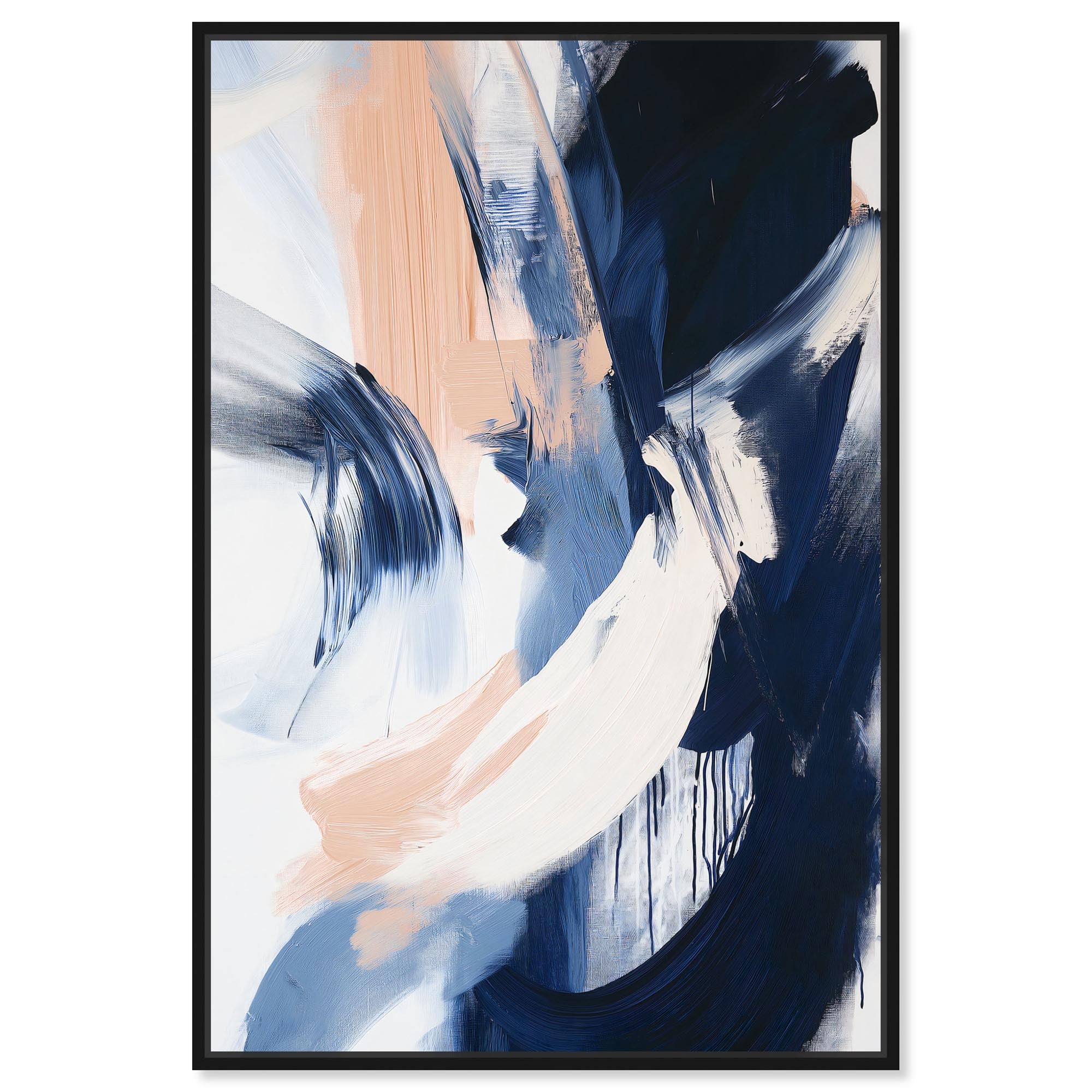 Large Blue and Peach Abstract Canvas Art with Black Frame