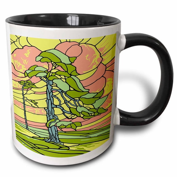 3drose, Windswept Pine Tree Stained Glass Design, 11oz Two-tone Black Mug