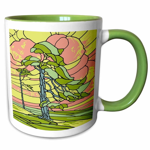 3drose, Windswept Pine Tree Stained Glass Design, 11oz Two-tone Green Mug