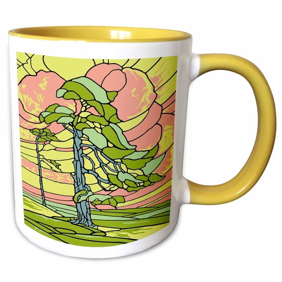 3drose, Windswept Pine Tree Stained Glass Design, 11oz Two-tone Yellow Mug