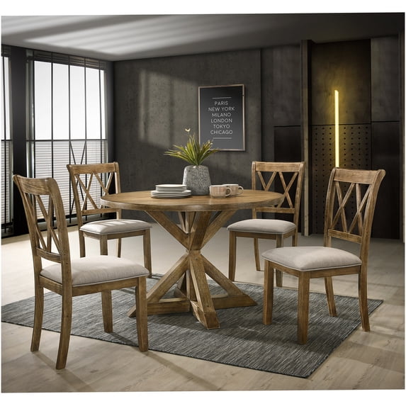 Windvale 5-Piece Round Dining Set with Cross-Buck Base and Upholstered Chairs, Brown