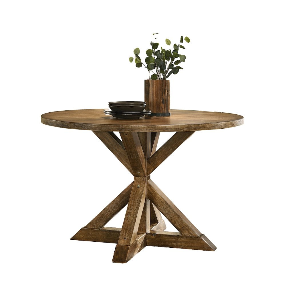 Round Brown Wood Extendable Dining Table with Cross-Buck Base