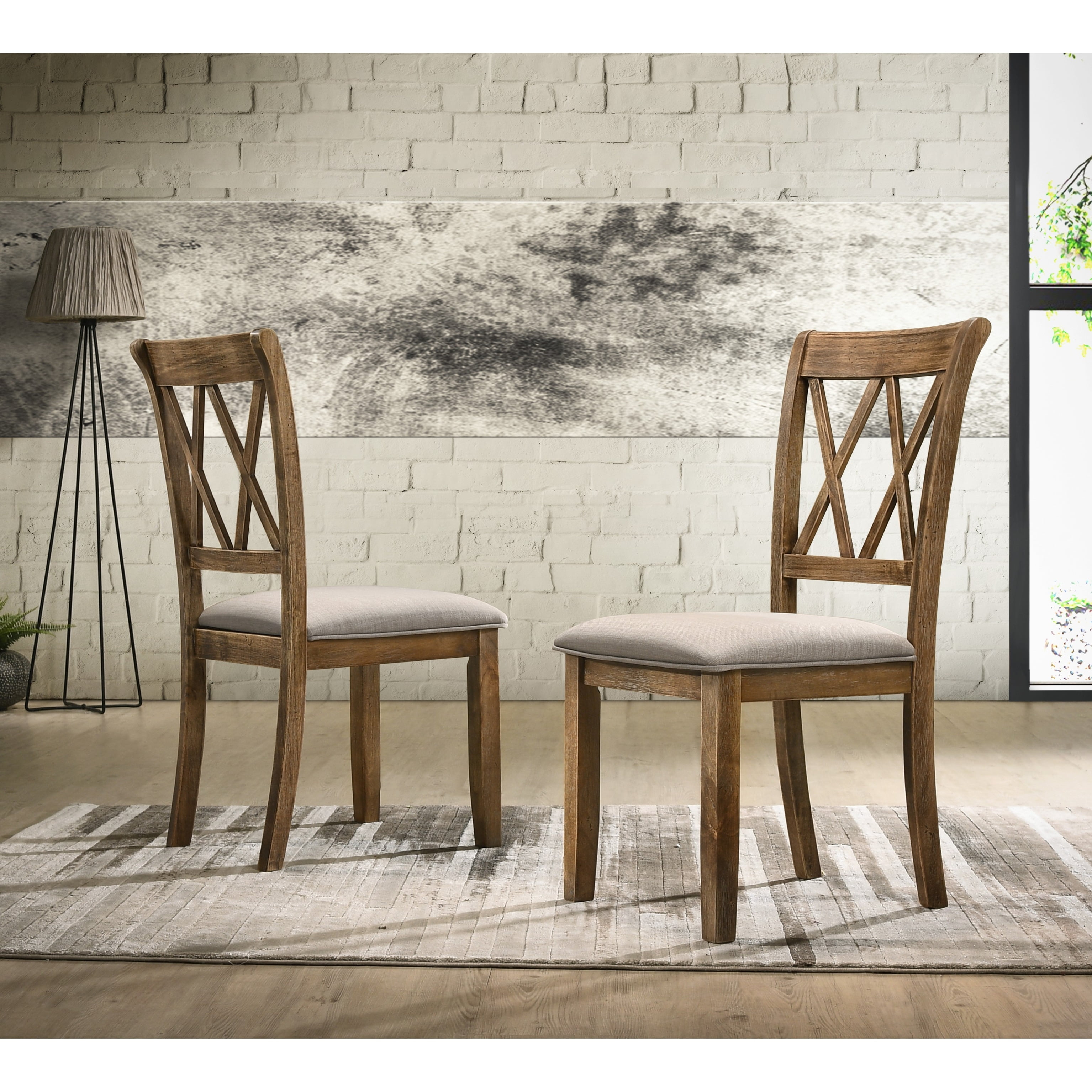 Distressed Brown Linen Upholstered Cross Back Side Chair