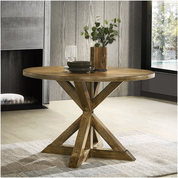 48x48 Inch Rustic Brown Wood Dining Table with Cross-Buck Base for Farmhouse Kitchen