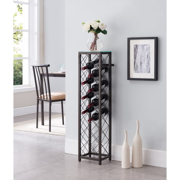 Windy 13 Bottle Floor Standing Wine Rack Tower, Pewter Metal & Tempered Glass Top, Transitional