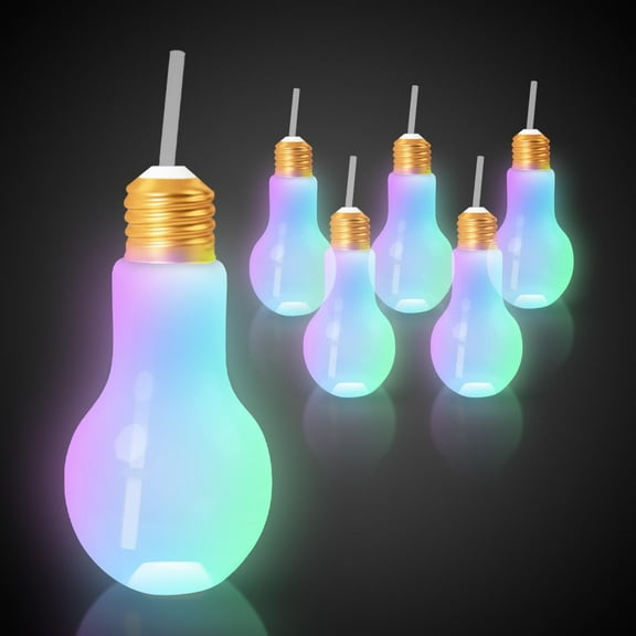 Windy City Novelties - 6 Pack - LED Light Up White Light Bulb Cup with Straw