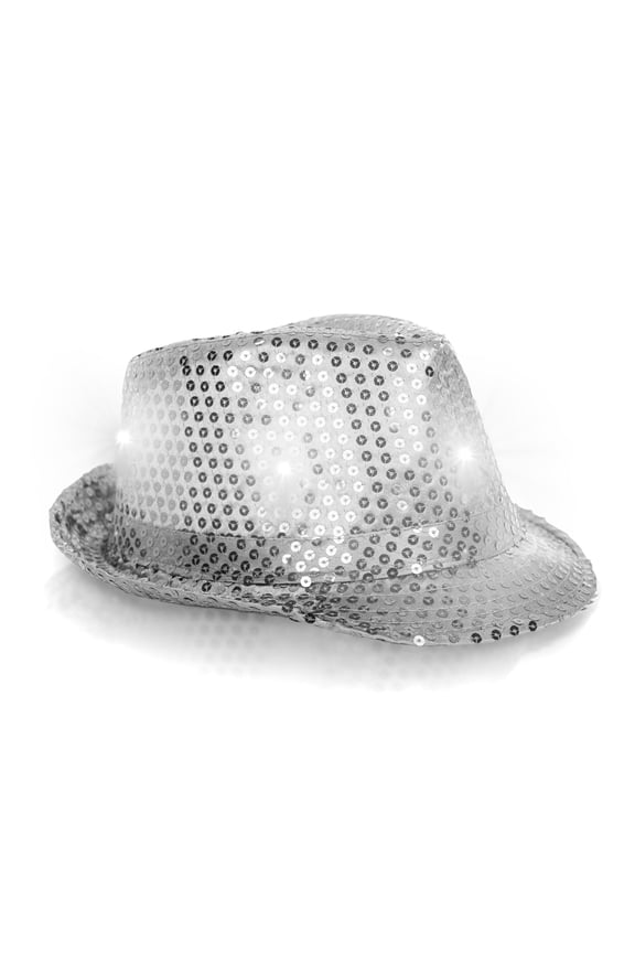 LED Light Up Sequin Fedora Hat - Unisex - Silver